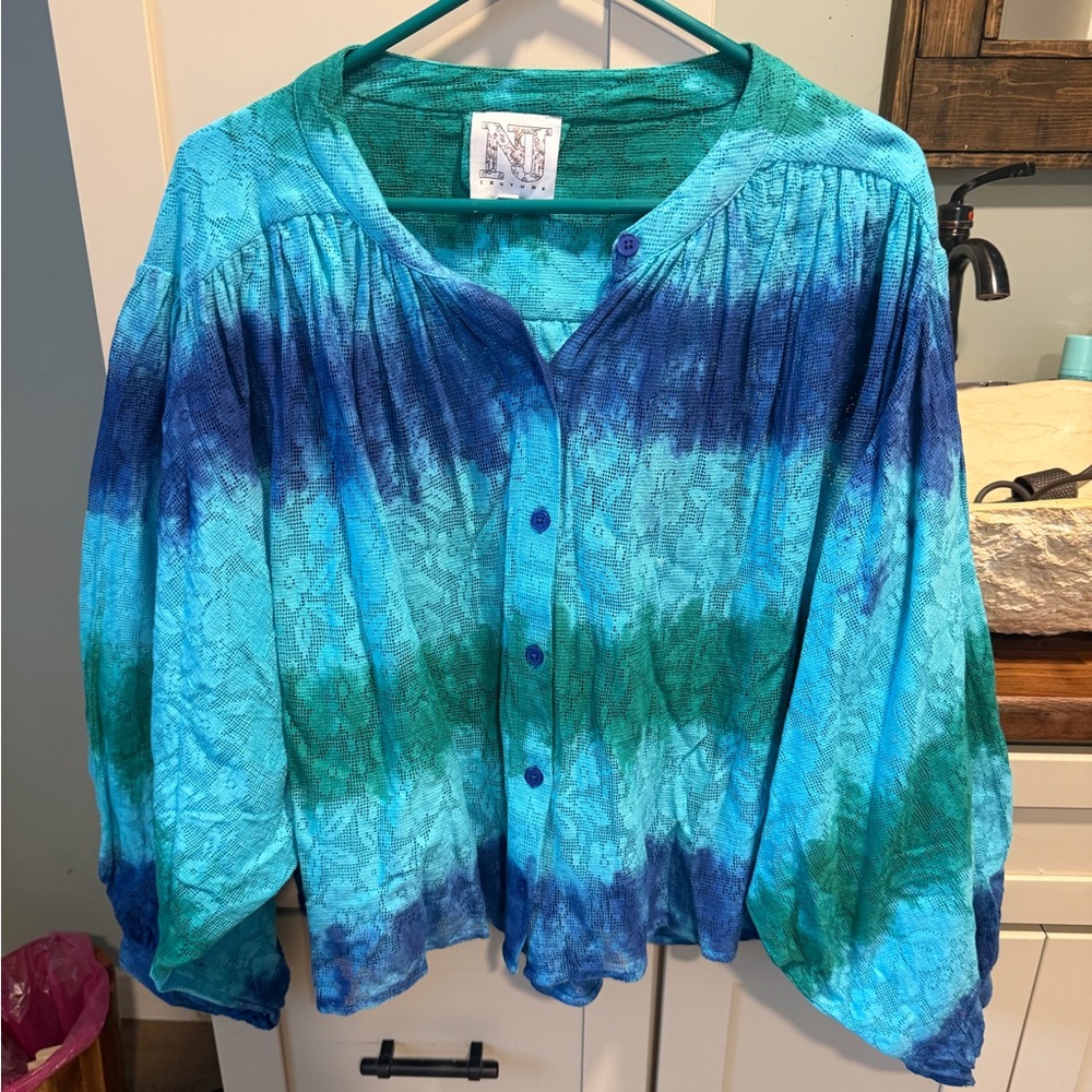 Blue and Green Women's Top NU Couture Teal and Navy Women's Blouse One size